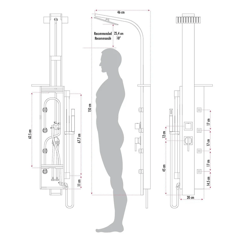 La colonne de douche MALI en acier inoxydable d'akuaplus®  avec cartouche à balancée équilibré et déviateurs 3 voies, 4 jets de corps orientable en laiton, Pommeau de 8 po et  douchette en laiton.