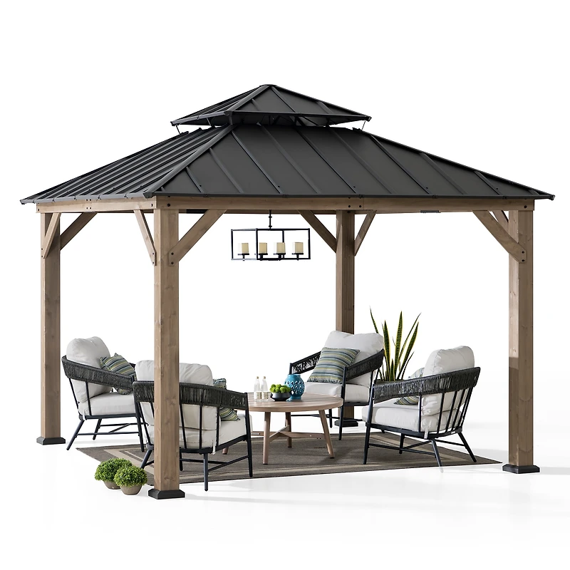 Sunjoy Gazebo en Bois d'Extérieur 11 x 11 Pieds avec Cadre en Cèdre, Toit Métallique à Deux Niveaux et Crochet au Plafond pour Terrasses, Jardins et Pelouses, Marron