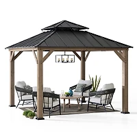 Sunjoy Gazebo en Bois d'Extérieur 11 x 11 Pieds avec Cadre en Cèdre, Toit Métallique à Deux Niveaux et Crochet au Plafond pour Terrasses, Jardins et Pelouses, Marron