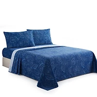 Marina Decoration Printed 600 Thread Count Soft Deep Pocket Hotel Standard Long Staple Cotton Blend Percale All Season Bedding Sheet Set, Navy Blue Paisley Pattern