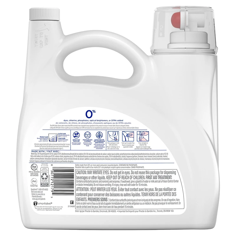 Détergent à lessive liquide Tide Zero, parfum Agrumes doux, technologie CleanScent 3.1L