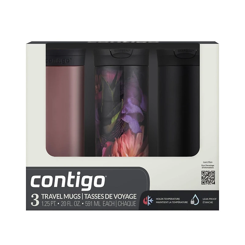 Tasse de voyage isotherme Contigo Huron 2.0, acier inoxydable, 591 mL (20 oz), couvercle SNAPSEAL, couleurs variées paquet de 3