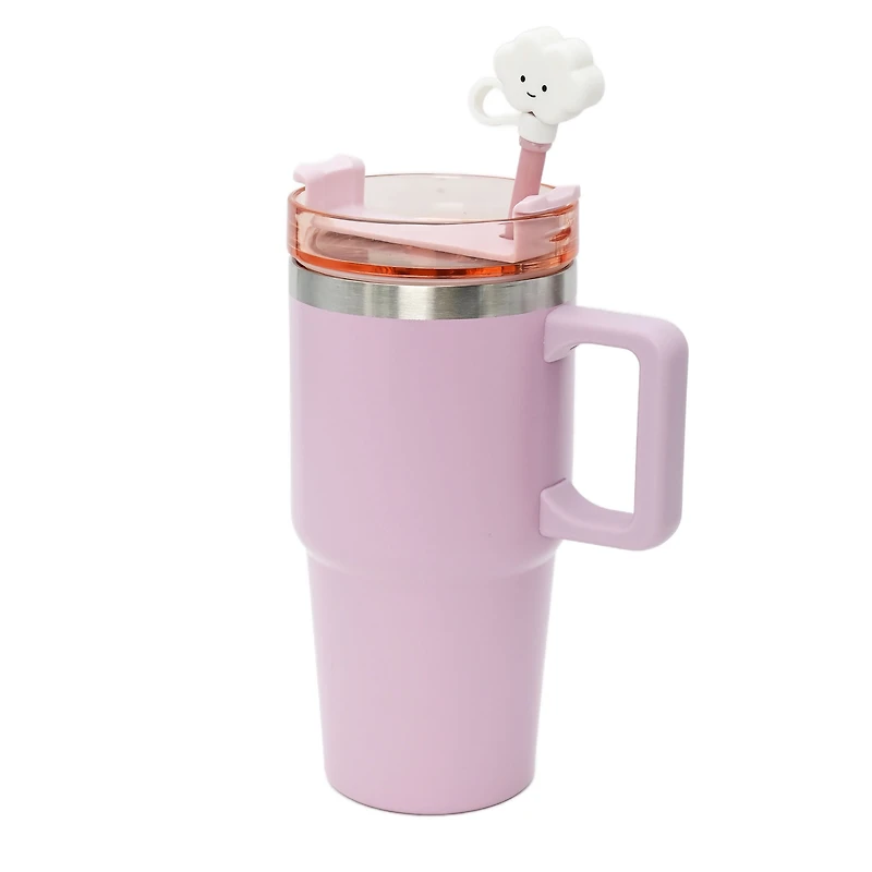 Kids Pink 20oz Stainless Steel Tumbler with Straw, Cloud Straw Topper & 6 Removable Smiley Stickers