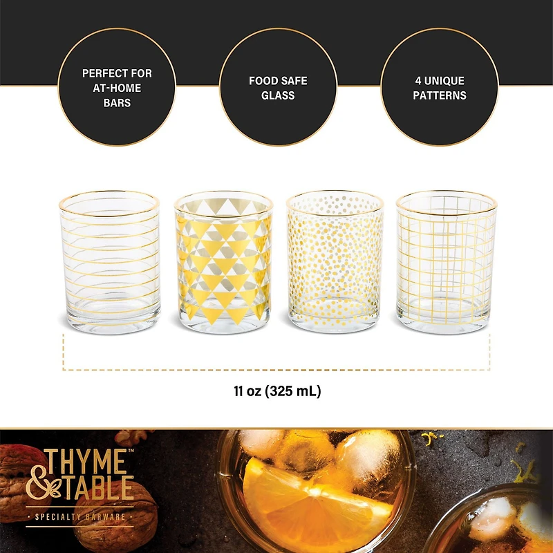 Thyme & Table Rocks Glasses, 11 oz, 4 Piece Set, barware