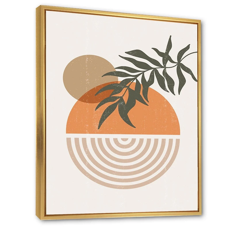 Designart Soleil géométrique abstrait et lune avec feuille I ART MURAL À CADRE FLOTTÉ