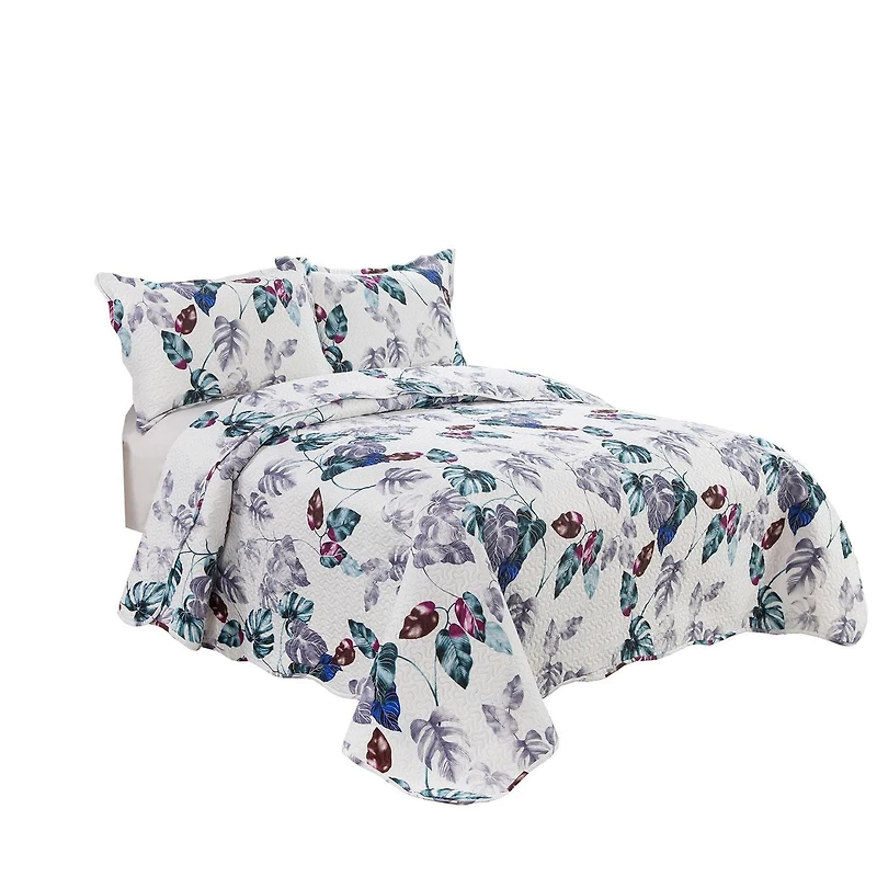 Marina Decoration Rich Printed Embossed Pinsonic Coverlet Bedset Couvre-lit Ultra Doux Literie Été Quilt Ensemble avec Taies d'oreiller, Motif de Feuilles Vertes Modernes