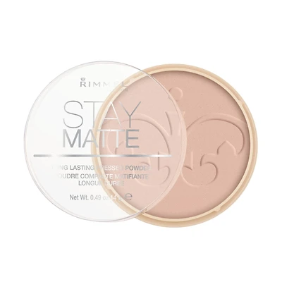 Rimmel Poudre pressée Stay Matte, texture légère et crémeuse, couvrance élevée, contrôle durable de la brillance jusqu'à 5H, 100% Sans Cruauté