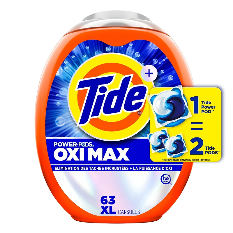 Capsules de détergent à lessive Tide Oxi Max Power PODS, détachant et puissance d’Oxi, capsules de détergent pour le lavage de la lessive, compatible avec les laveuses HE