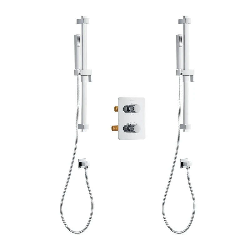 The akuaplus® square thermostatic Shower Set with 4-Way Diverter and with stop, 2 Hand Showers, 2 shower posts, or simultaneously, Chrome Finish.