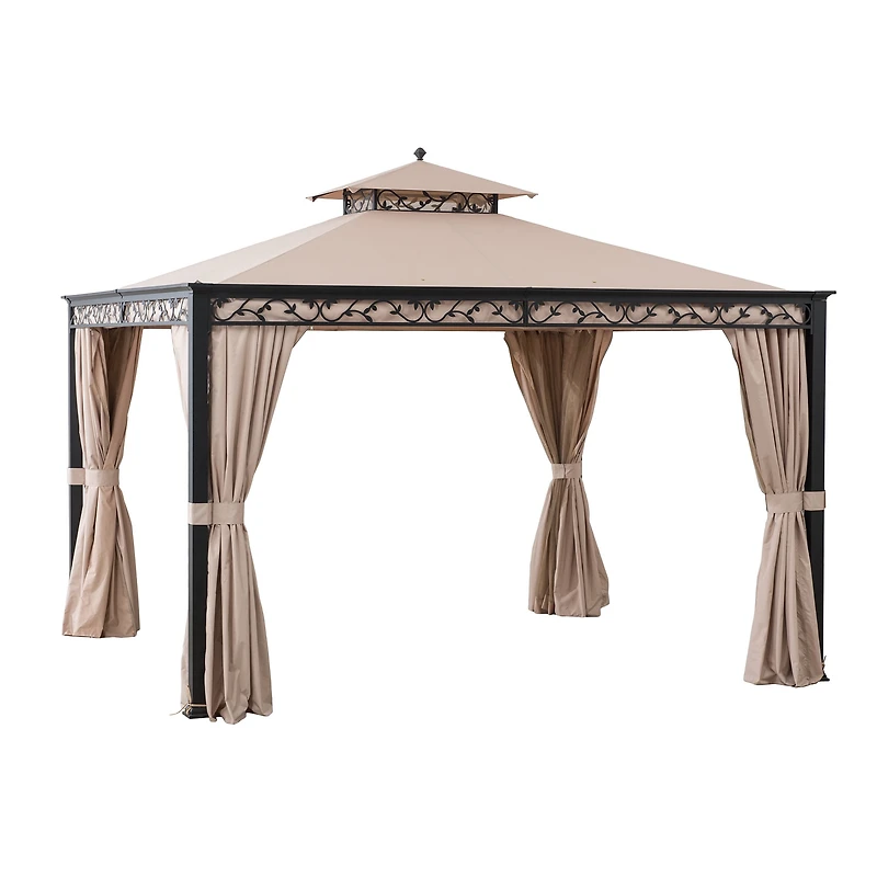 Sunjoy 10 x 12 ft. Steel Frame Gazebo Outdoor Patio 2-tier Soft Top Gazebo with Decorative Vine, Netting, Curtains, and Ceiling Hook
