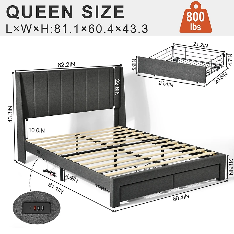 Lit queen-size Homy Casa gris capitonné avec rangement et bureau à plateau réglable, design compact