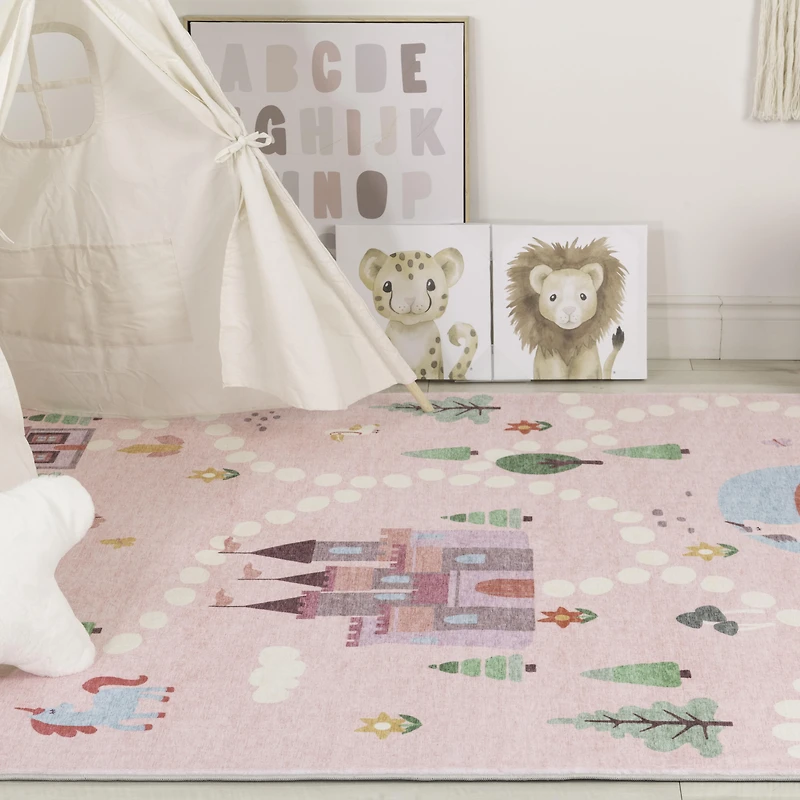 Rug Branch Soft Steps Playtime Licornes, Chateau, Carte routiere, Tapis educatif doux, Rose Blanc - Garcons et filles dans la salle de jeux, la creche, la chambre