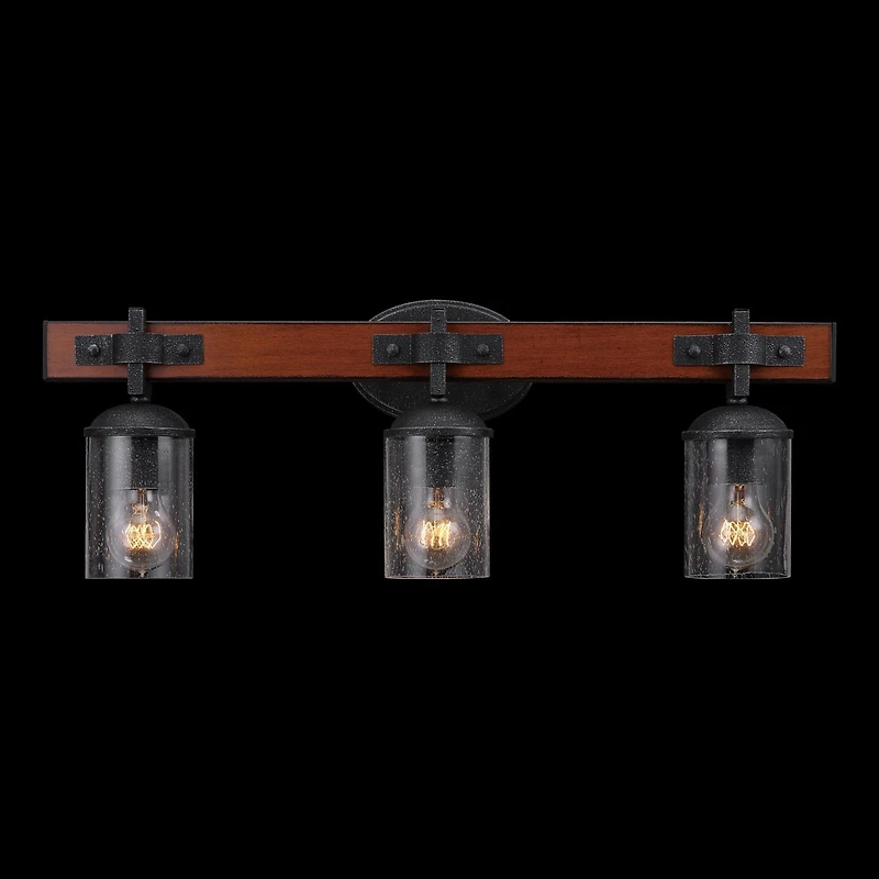 Globe Electric Kingston 3-Light Vanity Light, Dark Faux Wood, Galvanized Metal Accents, Clear Seeded Glass Shade, 51854