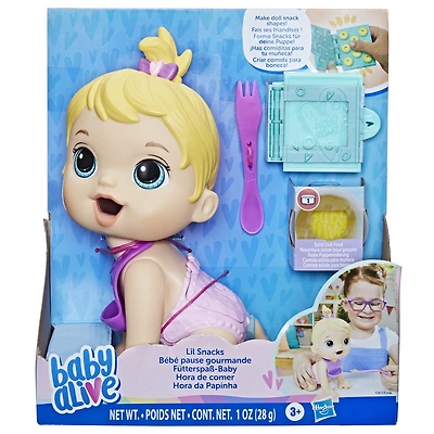 Baby Alive Lil Snacks Doll, Eats and "Poops," 8-inch Baby Doll Toy, Kids 3 and Up, Blonde Hair