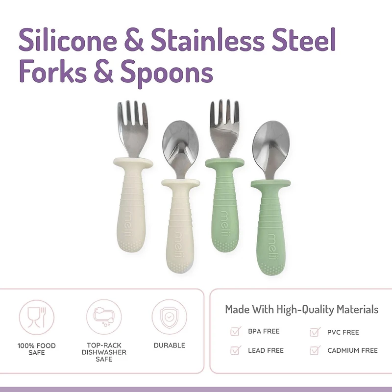 Melii silicone & stainless steel spoon and fork set for baby  4 pack - mint + cream