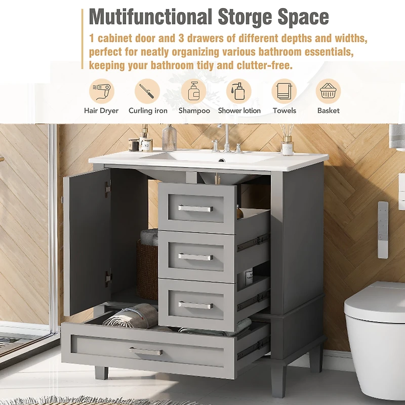 Homy Casa 30 in Modern Charcoal Grey Kitchen Sideboard with Ceramic Sink