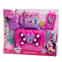 Ensemble de Sac Bowfabuleux de Minnie Mouse de Disney Junior, Sac à 9 Eléments pour Jouer en Faisant Semblant avec Téléphone Portable Sons et Lumières, Lunettes de Soleil et Accessoires