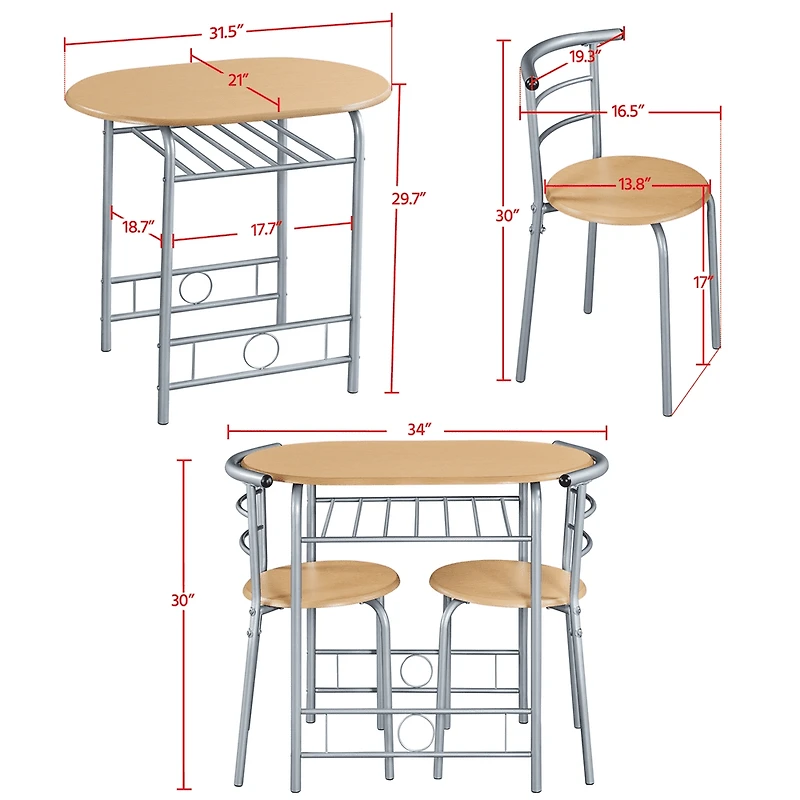 Fullfurnique Ensemble de salle à Manger Rond Moderne 3 Pièces avec Table et 2 Chaises Pieds en Acier, Naturel
