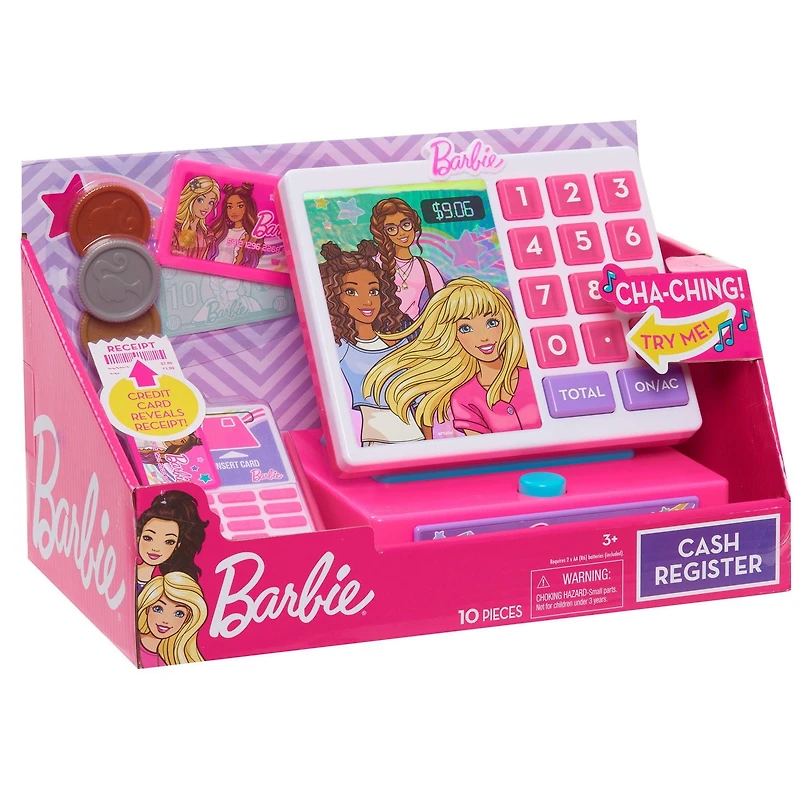 Caisse-Enregistreuse Barbie à la Mode, Argent pour Faire Semblant, et Lecteur de Carte de Crédit, Ensemble de Jeu de 9 Eléments Caisse-Enregistreuse Barbie