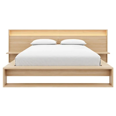 Lido Queen Size Bedroom Set with Slatted Bedframe, Wide Headboard with Lights and Shelves