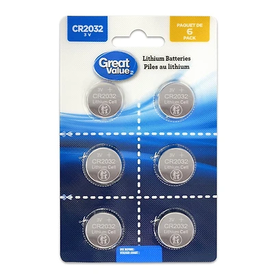 Great Value CR2032 3V Lithium Coin Cell Batteries 6-Pack, Long lasting power