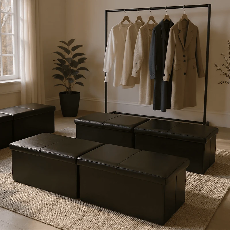 Homy Casa Lot de 4 bancs ottomans de rangement pour chaussures, siège organisateur pliable pour entrée, similicuir noir