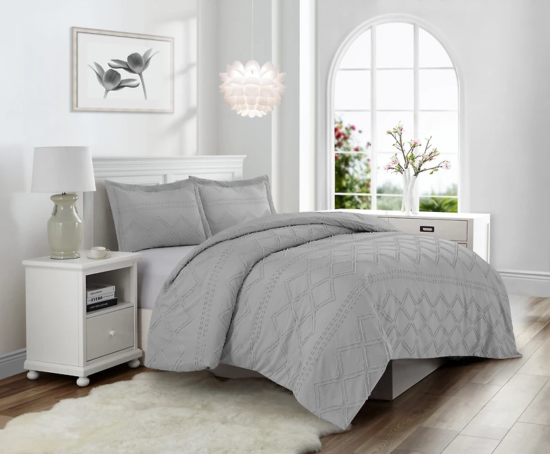 Ensemble de housse de couette à texture douce à motif losange Swift Home, literie toutes saisons avec fermeture éclair, avec taies d’oreiller, simple, gris clair