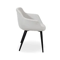 Chaise de salle à manger Bucket – Revêtement en tissu Dove élégant avec un design Bucket confortable et des pieds en métal noir, parfait pour les salles à manger ou les espaces d'accentuation
