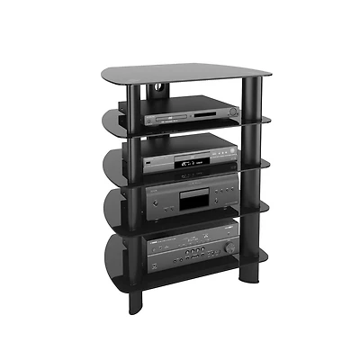 Meuble de rangement multimédia d'intérieur CorLiving Laguna en verre noir et métal avec 5 étagères ouvertes