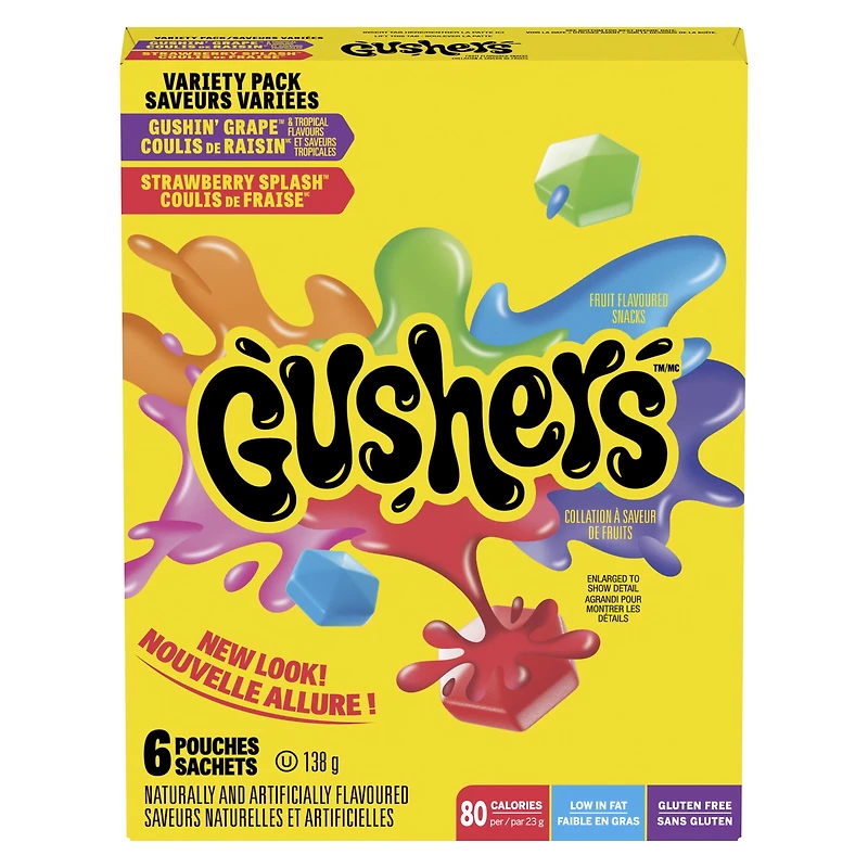 Gushers Fruit Flavoured Snacks, Variety Pack, Gluten Free,  Kids Snacks, 6 ct, 6 pouches, 138 g