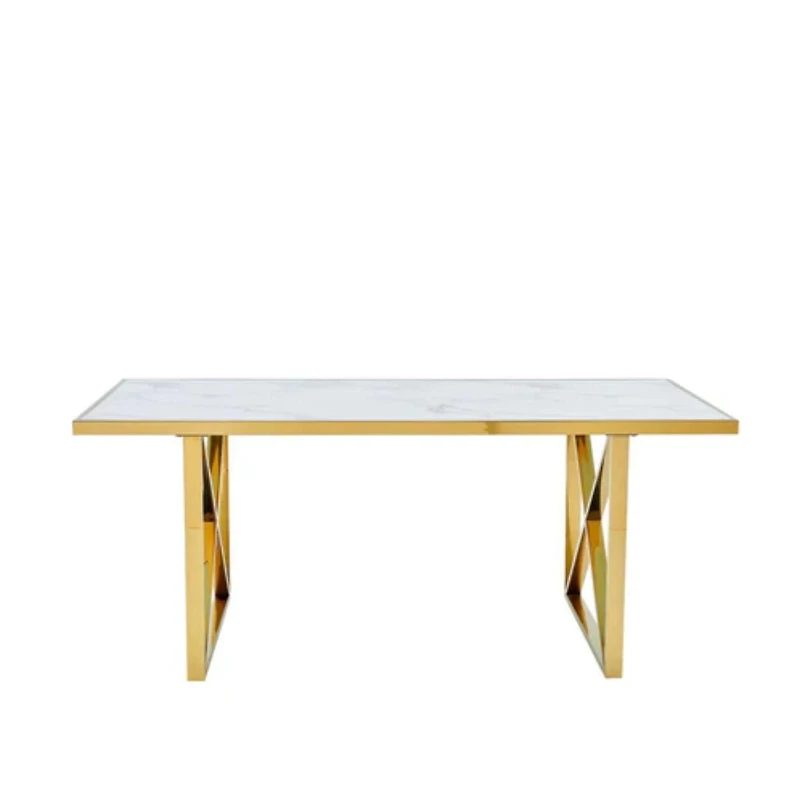 Cordelia Dining Table With Polished Stainless Steel Frame And White Faux Marble Top