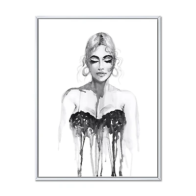 Designart Portrait monochrome de femme portant une robe de soirée ART MURAL À CADRE FLOTTÉ