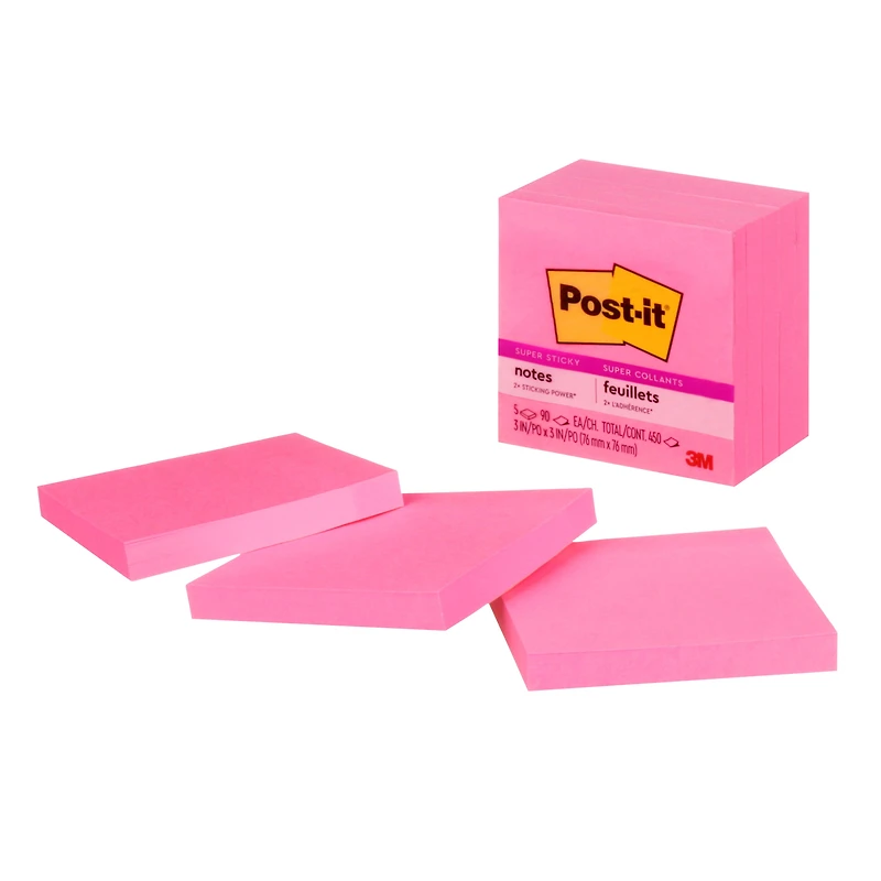 Post-it Feuillets super collants, 76 mm x 76 mm (3 po x 3 po), rose fluo