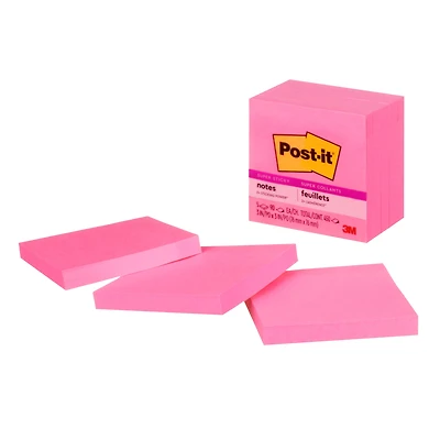 Post-it Feuillets super collants, 76 mm x 76 mm (3 po x 3 po), rose fluo