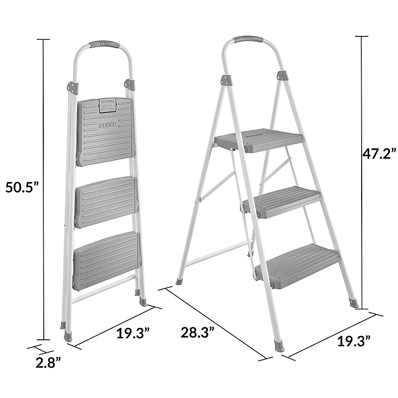 COSCO 2 step Connection Folding Step Stool with Large Resin Steps, Max Reach 8ft 1in (White and Gray, Steel with Resin Steps)