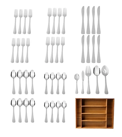 Ensemble de couverts Mainstays Splendent 46 pièces en acier inoxydable avec plateau en bois, vaisselle argentée Ensemble de couverts MS 46 pièces