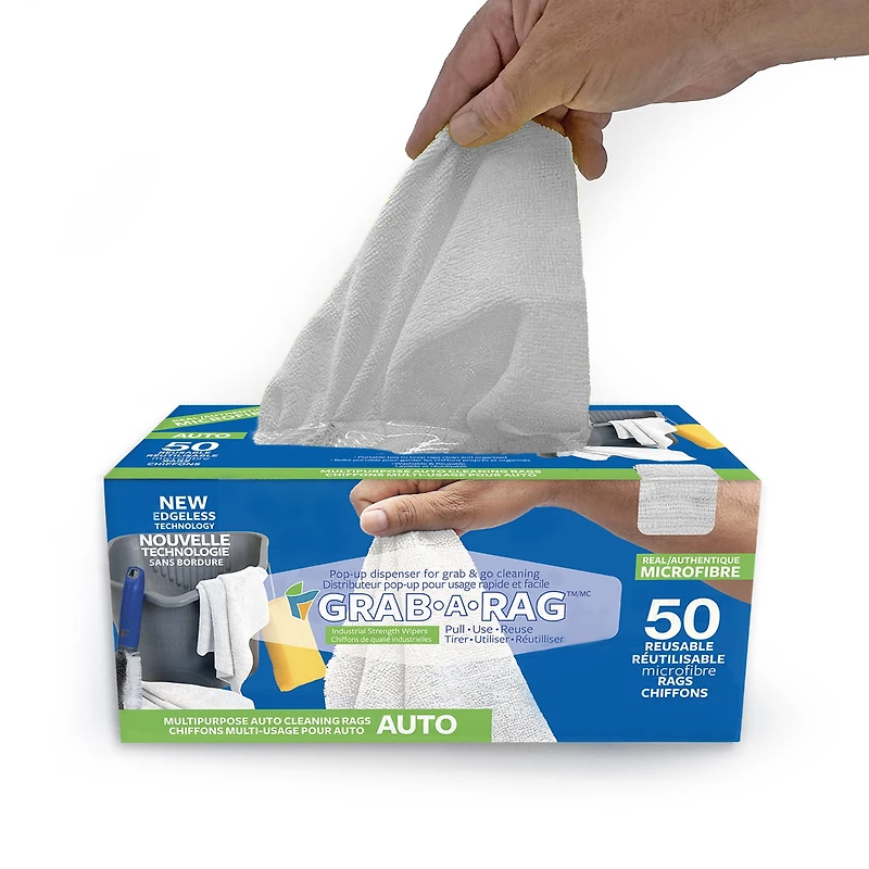 Chiffons et lingettes de nettoyage polyvalents pour l’automobile et la maison Grab•A•Rag, paquet de 50, blanc