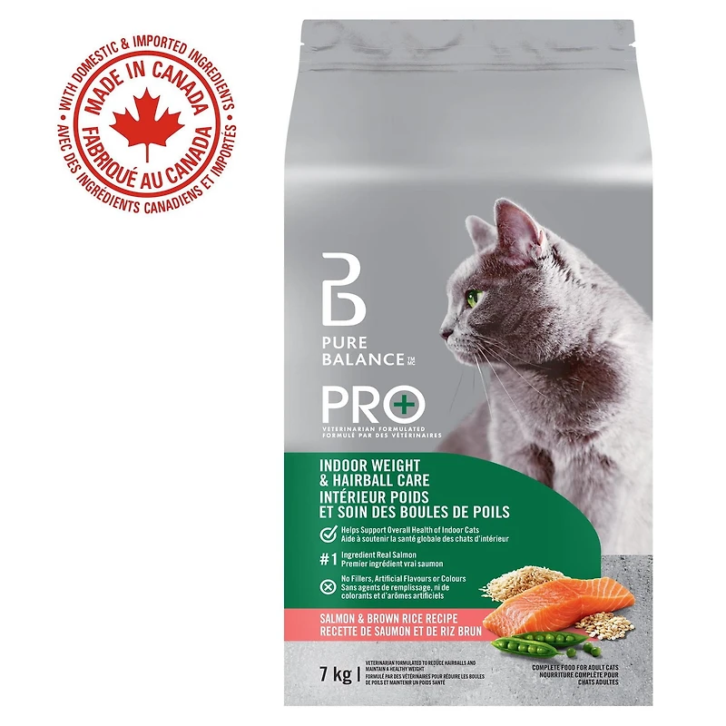 Pure Balance Pro+ Chat d’Intérieur Soin du Poids et Boules de Poils Recette Saumon et Riz Brun Nourriture sèche pour chat 100 g
