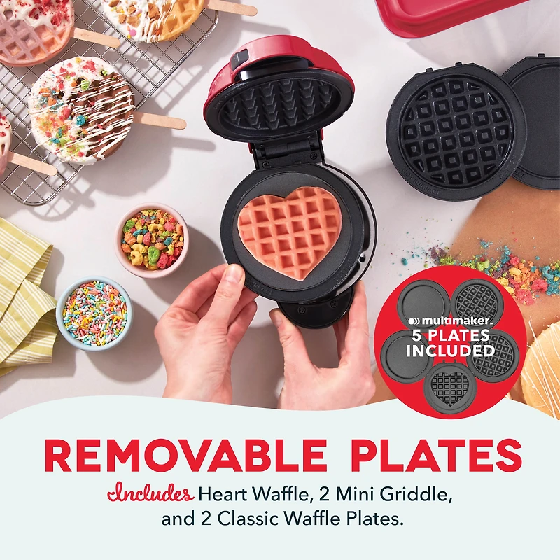 Dash Système Mini Multimaker – Gaufrier Avec Cinq Plaques Amovibles De 10 Cm : Gaufrier Et Plaque De Cuisson, Mini Gaufrier 4-En-1 Pour Enfants Et Familles, Rouge