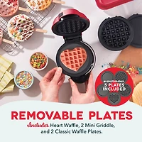 Dash Système Mini Multimaker – Gaufrier Avec Cinq Plaques Amovibles De 10 Cm : Gaufrier Et Plaque De Cuisson, Mini Gaufrier 4-En-1 Pour Enfants Et Familles, Rouge