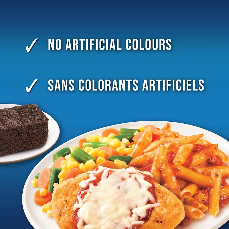 Swanson Chicken Parmigiana: frozen dinner, with mixed vegetables, pasta, and a brownie