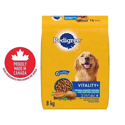 PEDIGREE VITALITY+ Dry Food For Adult Dogs – Roasted Chicken & Vegetable Flavour - Supports Strong Bones and Healthy Teeth – With Calcium 8kg