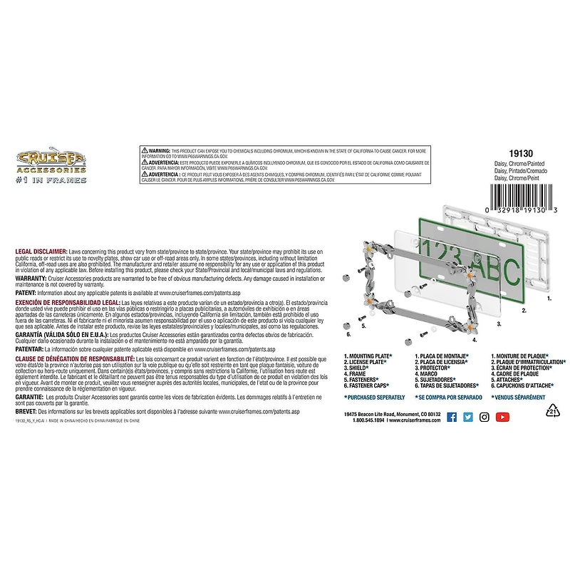 Cruiser Accessories Daisy License Plate Frame, Chrome/Painted, Fits 32x17cm License Plate