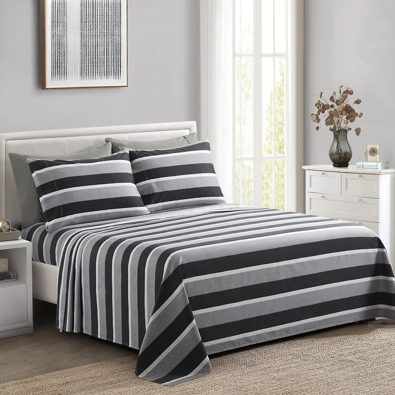 Marina Decoration Ultra Soft Silky Deep Pocket Rich Printed Bedding Rayon from Bamboo All Season Sheet Set with Pillowcases, Black Grey Stripes Pattern