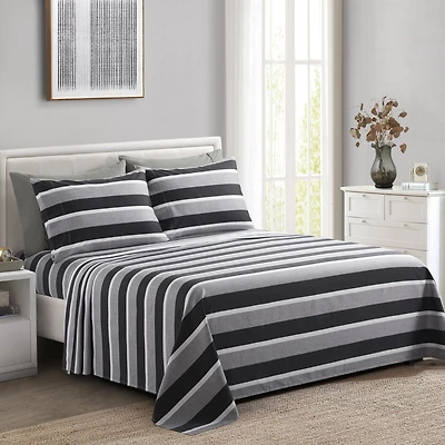 Marina Decoration Ultra Soft Silky Deep Pocket Rich Printed Bedding Rayon from Bamboo All Season Sheet Set with Pillowcases, Black Grey Stripes Pattern