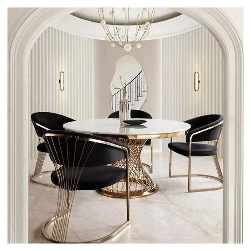 Table de salle à manger Corydon Gold avec plateau en faux marbre et structure en acier inoxydable