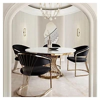 Table de salle à manger Corydon Gold avec plateau en faux marbre et structure en acier inoxydable