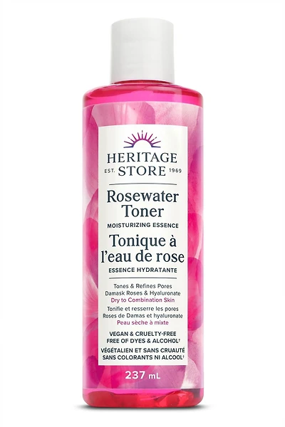 Heritage Store - Essence hydratante à l'eau de rose | Tonifie et affine les pores | Végétalien et sans cruauté envers les animaux | Sans colorants ni alcool | 237 ml 237mL Capuchon rabattable