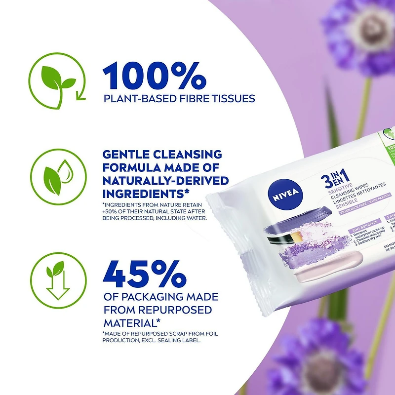 NIVEEA Lingettes Nettoyantes 3-En-1 Biodégradables pour Peau Sensible 40 Lingettes