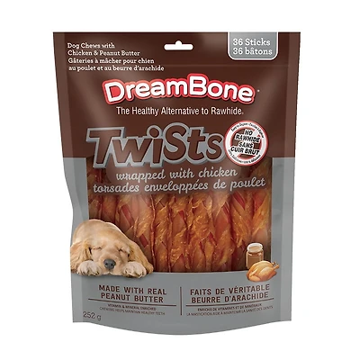 DreamBone Bâtons Torsadés à Mâcher pour Chien Enveloppés de Poulet, Offrez à Votre Chien des Gâteries Faciles à Digérer Sans Cuir Brut, Faites de Véritable Beurre d'Arachide, de Poulet et de Légumes, pour Tous les Chiens